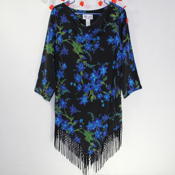 Vintage blue and black floral fringe mini dress women’s medium maggie sweet - Picture 1 of 3